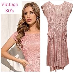 Vintage 80’s Silk Dress Rose Pink Damask Brocade Peplum Wiggle Pencil Size Small